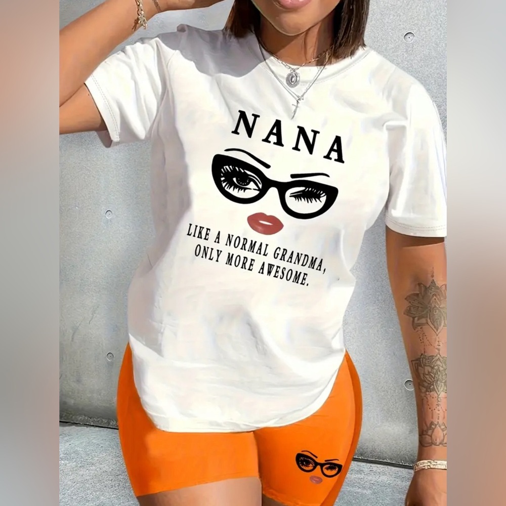 NANA Print Casual Shorts Set, Crew Neck Short Sleeve Top & Shorts Outfits